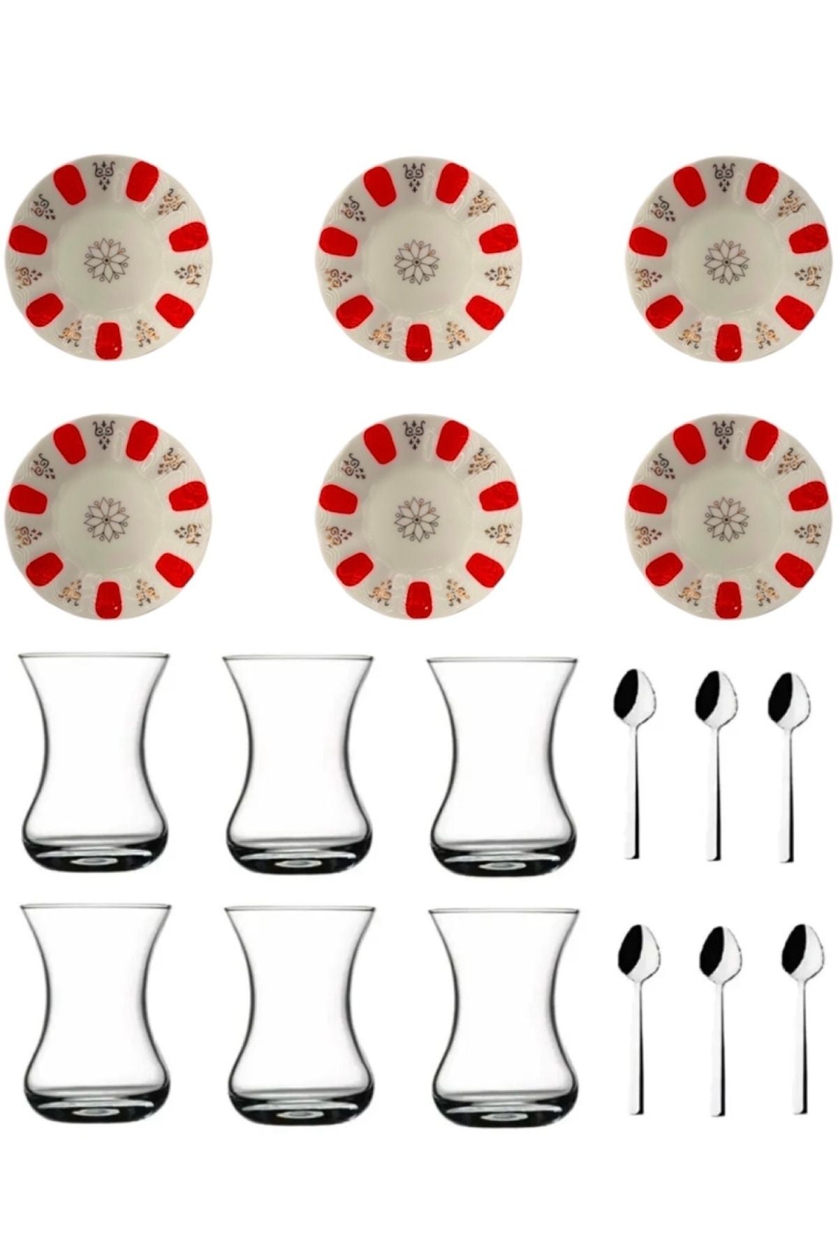 Kırmızı Acem Desenli 18 Parça Çay Seti – 6 Kişilik Bardak, Tabak ve Gümüş Renk Kaşıklı | Luxury Turkish Tea Set - Bardak | DUKKANI ISTANBUL