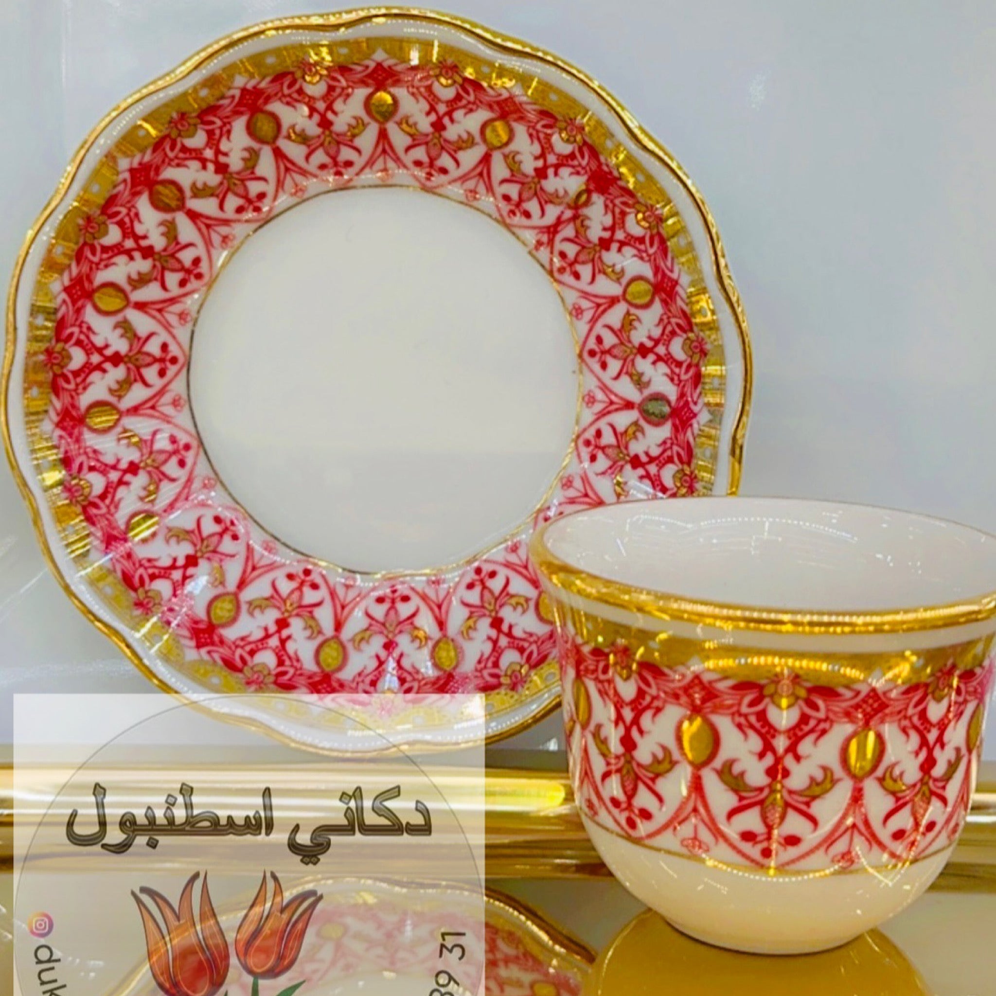 Kırmızı Dantel Desenli Altın Yaldızlı El İşlemeli Tam Takım Çay ve Mırra Seti – 6 Kişilik | Luxury Turkish Tea Set - Kahve Fincanı | DUKKANI ISTANBUL