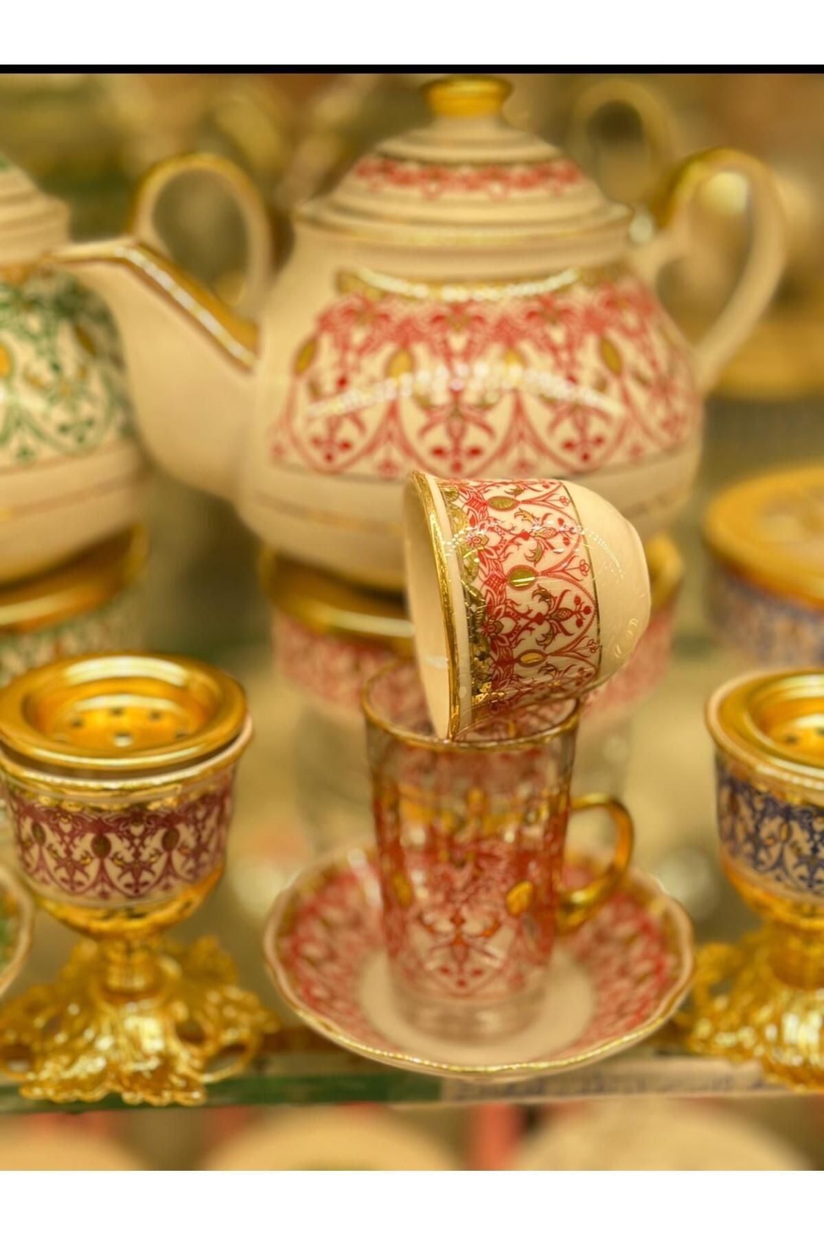 Kırmızı Dantel Desenli Altın Yaldızlı El İşlemeli Tam Takım Çay ve Mırra Seti – 6 Kişilik | Luxury Turkish Tea Set - Kahve Fincanı | DUKKANI ISTANBUL