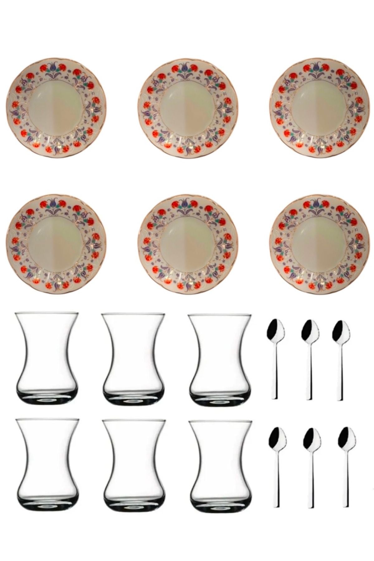 Lale Desenli 18 Parça Çay Seti – 6 Kişilik Bardak, Tabak ve Gümüş Renk Kaşıklı | Luxury Turkish Tea Set - Bardak | DUKKANI ISTANBUL