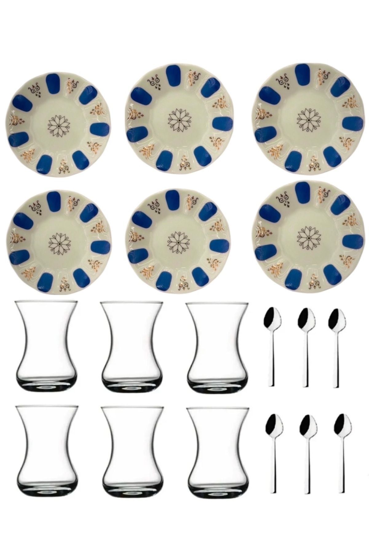 Mavi Acem Desenli 18 Parça Çay Seti – 6 Kişilik Bardak, Tabak ve Gümüş Renk Kaşıklı | Luxury Turkish Tea Set - Bardak | DUKKANI ISTANBUL