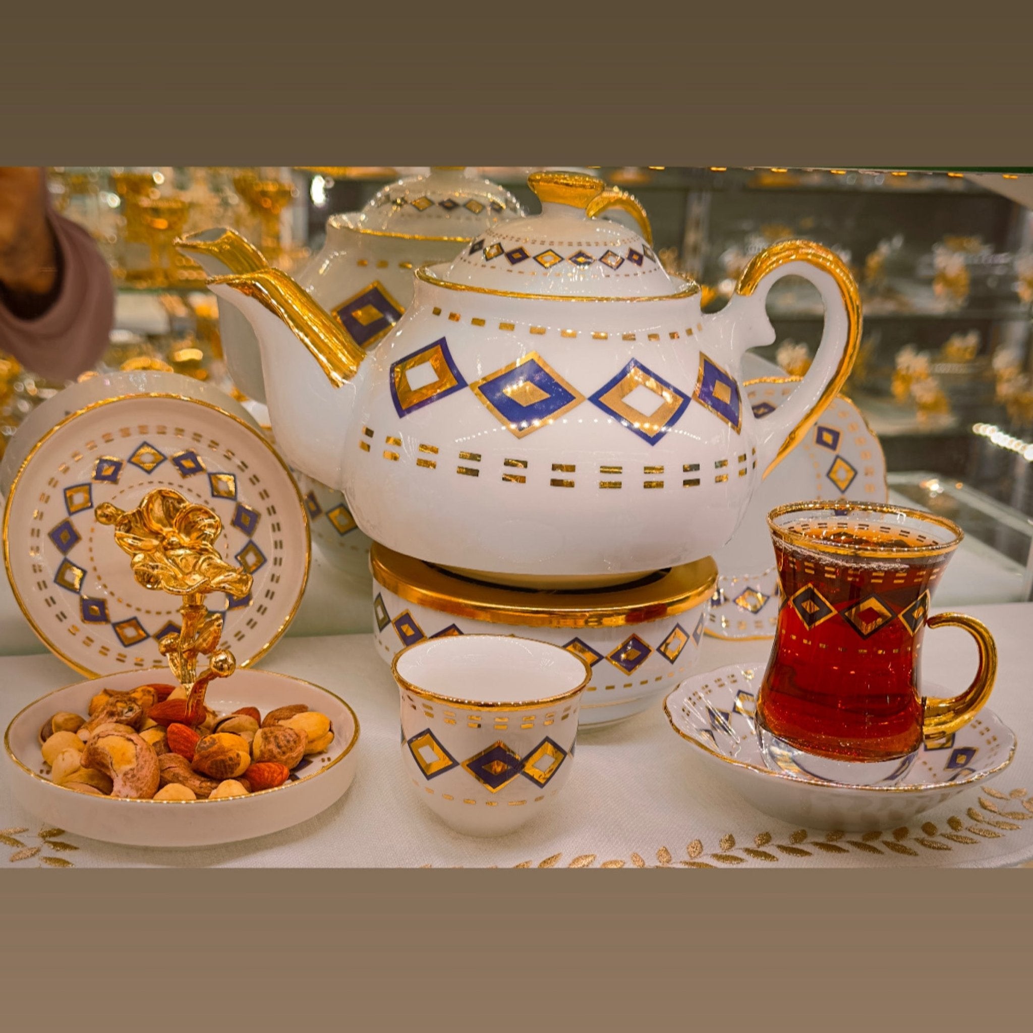 Mavi Baklava Desenli Çay, Mırra ve Demlikli Set | 6 Kişilik El Yapımı Osmanlı Tarzı Lüks Sunum Takımı | Luxury Turkish Tea Set - | DUKKANI ISTANBUL