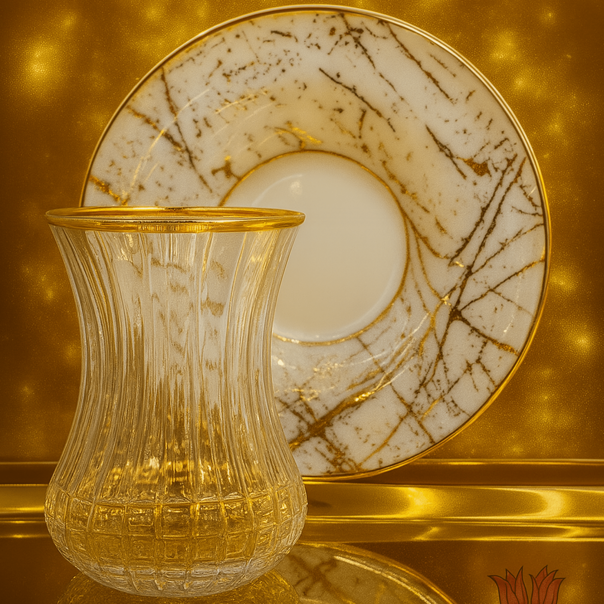 Mermer Desenli 12 Parça Altın Yaldızlı Çay Seti – Kristalize Cam Bardaklı 6 Kişilik | Luxury Turkish Tea Set - Bardak | DUKKANI ISTANBUL