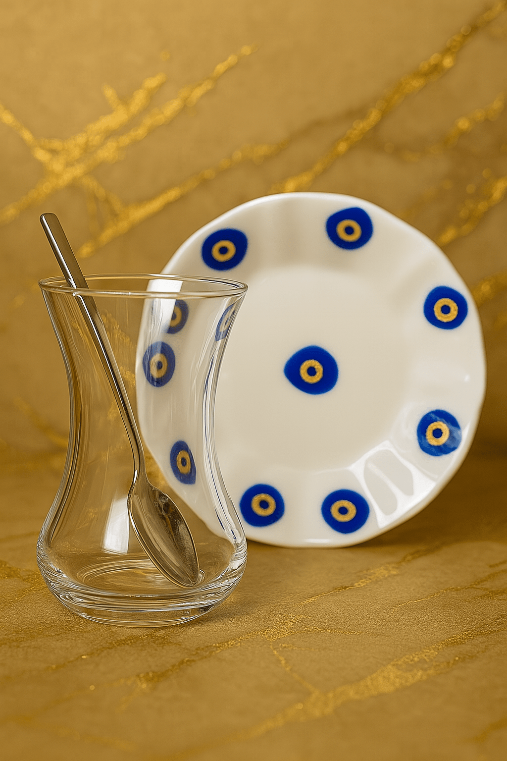 Nazar Boncuk Desenli 18 Parça Çay Seti – 6 Kişilik Bardak, Tabak ve Gümüş Renk Kaşıklı | Luxury Turkish Tea Set - Bardak | DUKKANI ISTANBUL