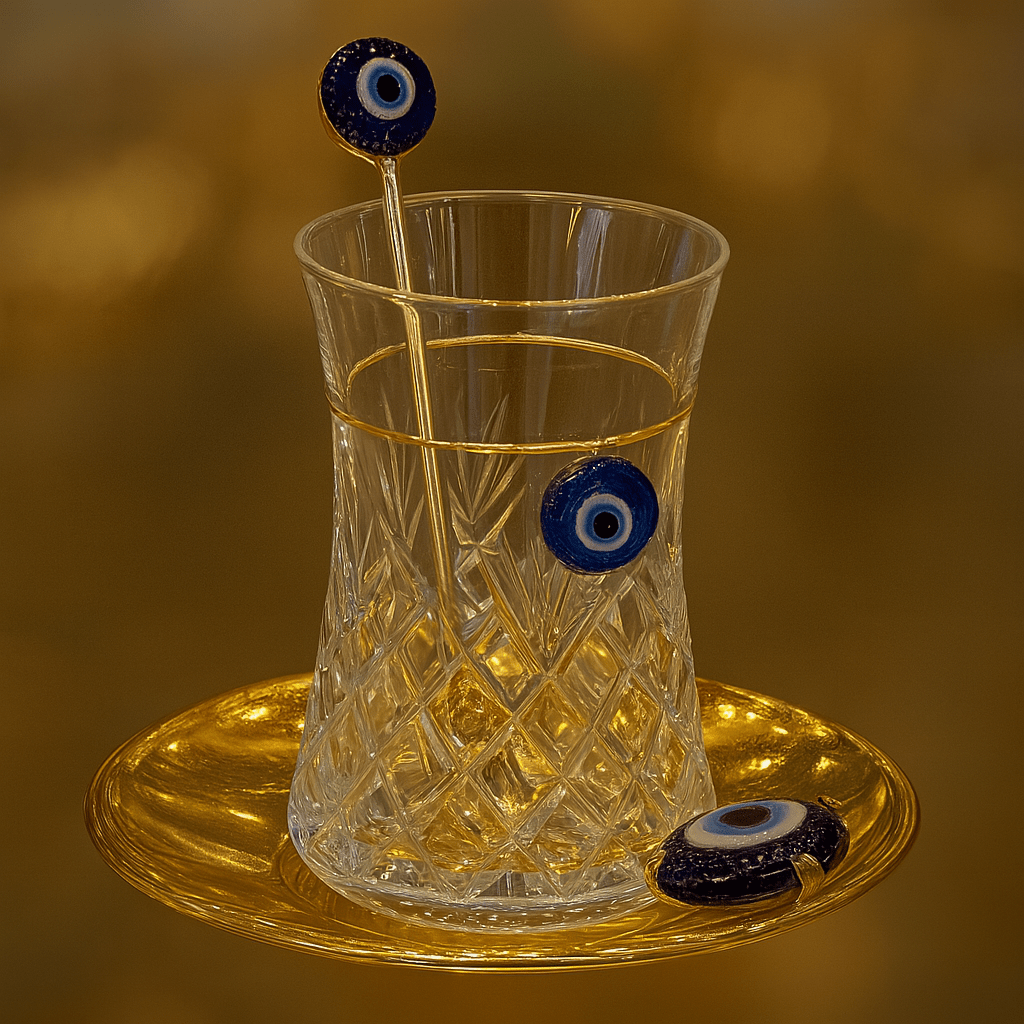 Nazar Boncuklu 18 Parça Altın Renk Doğaltaşlı Bakır Çay Seti – 6 Kişilik | Luxury Turkish Tea Set - Bardak | DUKKANI ISTANBUL