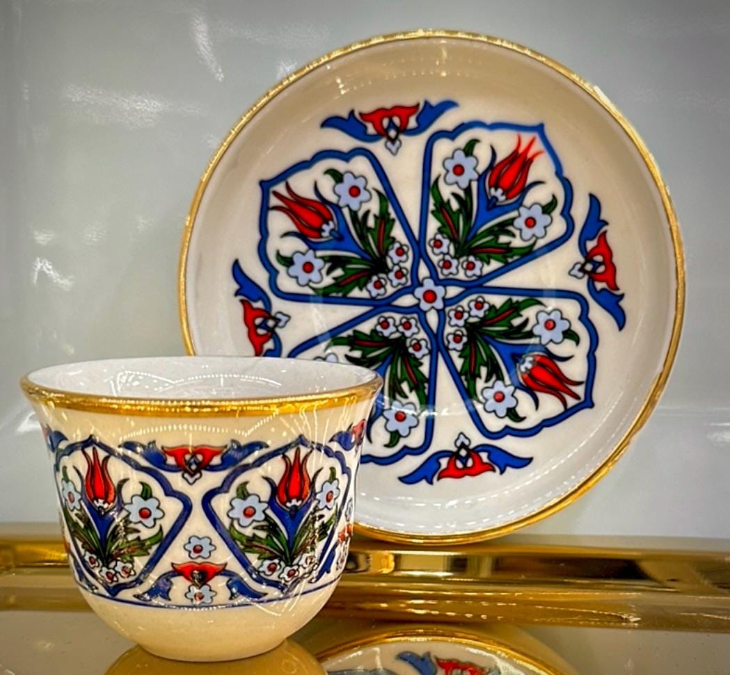 Osmanlı Lale Desenli 6 Kişilik Lüks Çay ve Kahve Takımı | Turkish Tea & Coffee Set Ottoman Tulip | Luxury Turkish Tea Set - | DUKKANI ISTANBUL