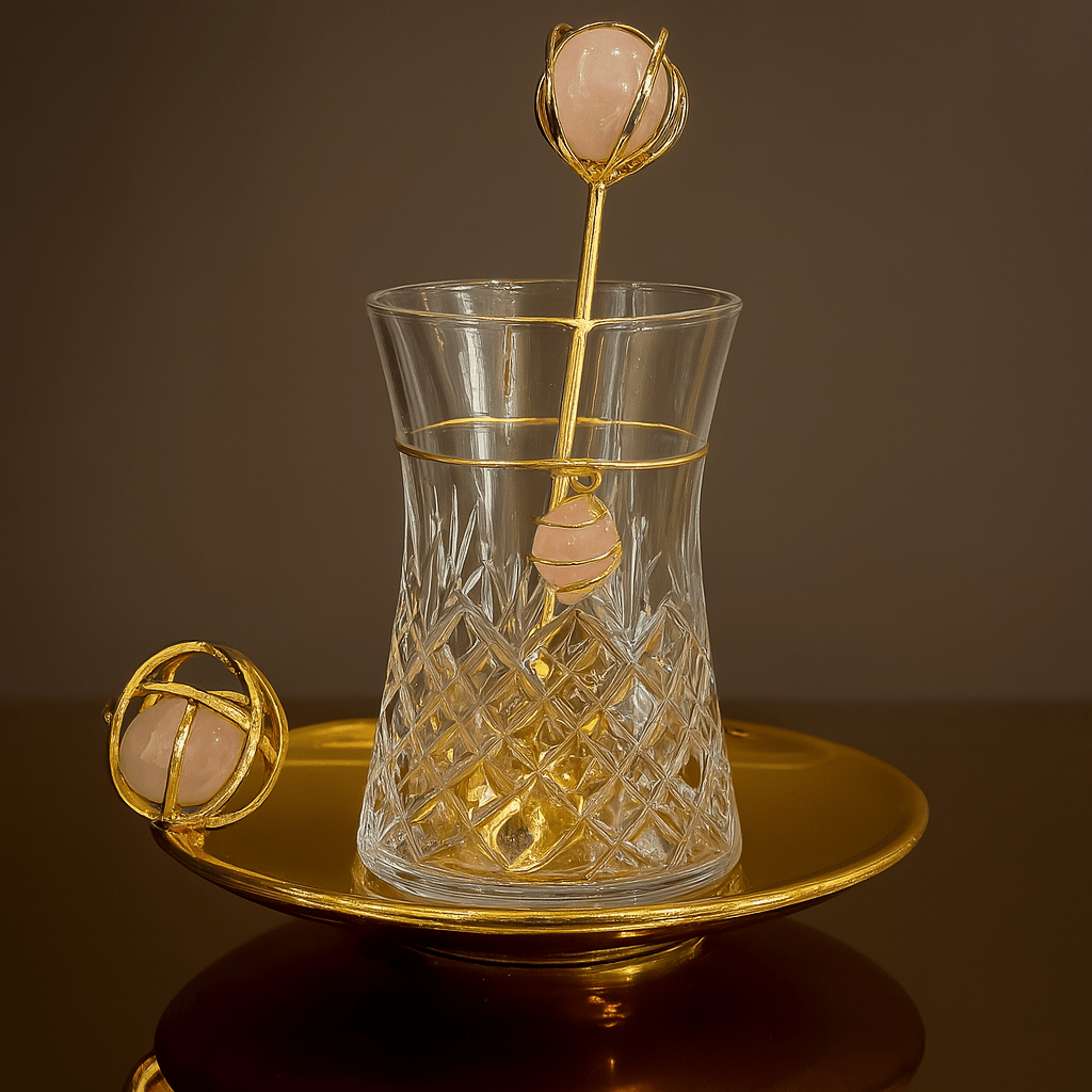 Pembe Kuvarslı 18 Parça Altın Renk Bakır Çay Seti – 6 Kişilik | Luxury Turkish Tea Set - Bardak | DUKKANI ISTANBUL
