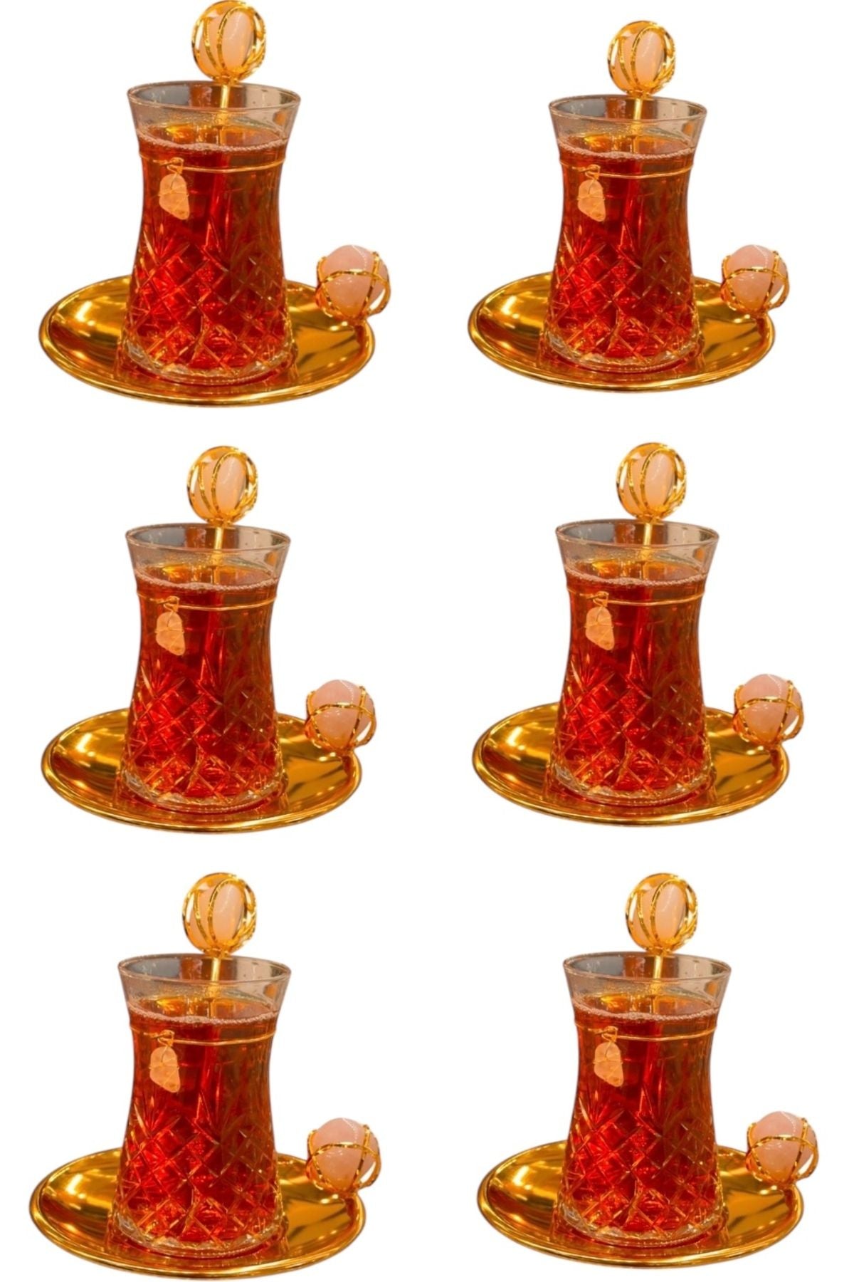 Pembe Kuvarslı 18 Parça Altın Renk Bakır Çay Seti – 6 Kişilik | Luxury Turkish Tea Set - Bardak | DUKKANI ISTANBUL