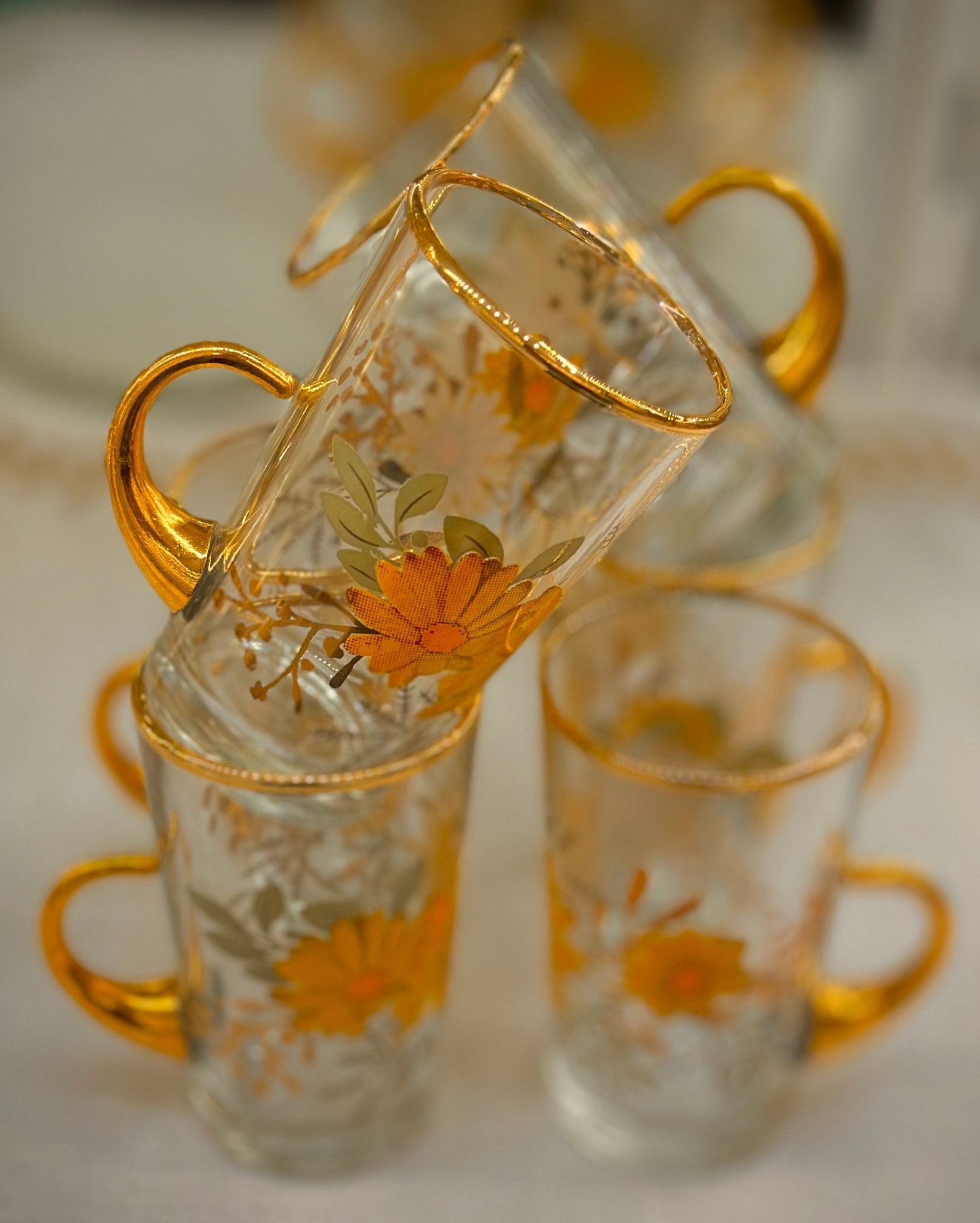 porselen çay bardağı takımı ve kahve fincanı 6 kişilik 18 parça sarı papatyalar | Luxury Turkish Tea Set - Bardak | DUKKANI ISTANBUL