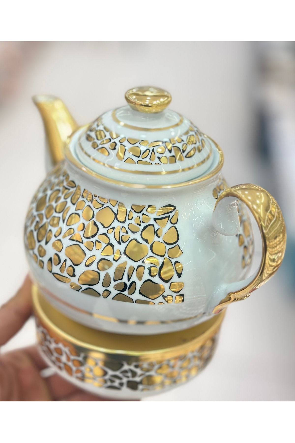 Porselen demlik ve Isıtıcı Altın YaldızLı Kaplan | Luxury Turkish Tea Set - Çaydanlık | DUKKANI ISTANBUL