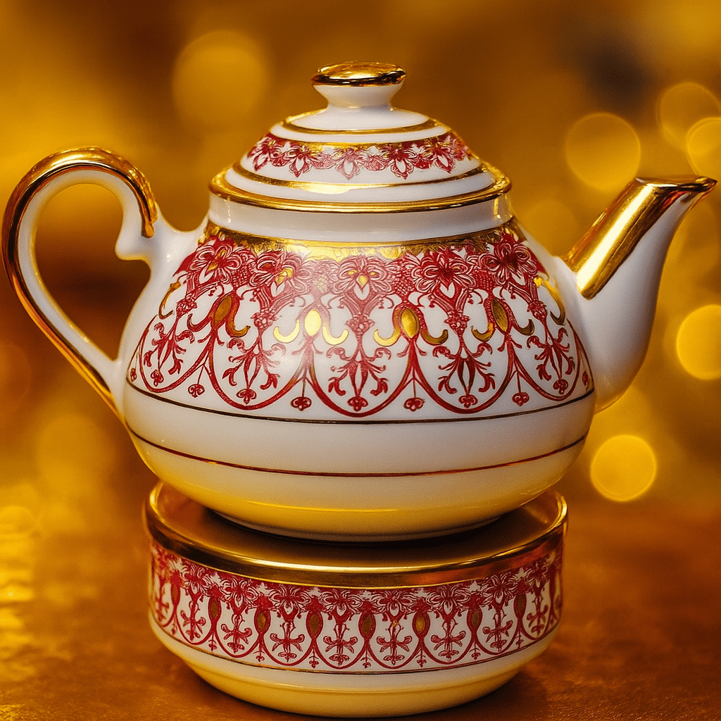 Porselen demlik ve Isıtıcı Altın Yaldızlı kırmızı dantel demlik | Luxury Turkish Tea Set - Çaydanlık | DUKKANI ISTANBUL