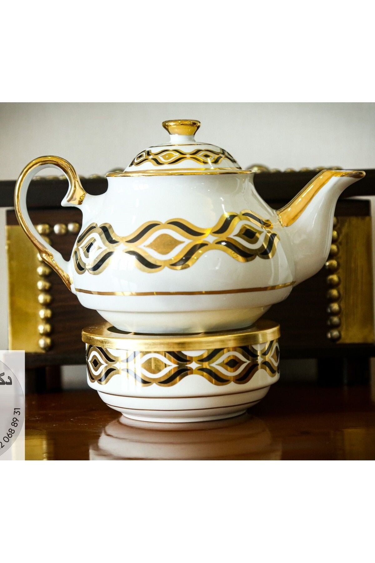 Porselen Demlik Ve Isıtıcı Altın Zincir siyah demlik | Luxury Turkish Tea Set - Çaydanlık | DUKKANI ISTANBUL