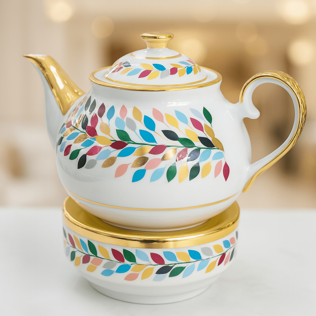Porselen Demlik ve Isıtıcı Rengarenk Yapraklar | Luxury Turkish Tea Set - Çaydanlık | DUKKANI ISTANBUL