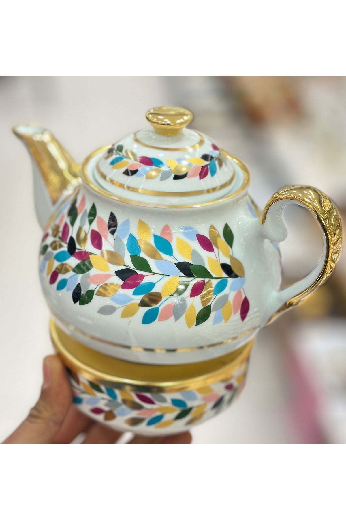 Porselen Demlik ve Isıtıcı Rengarenk Yapraklar | Luxury Turkish Tea Set - Çaydanlık | DUKKANI ISTANBUL