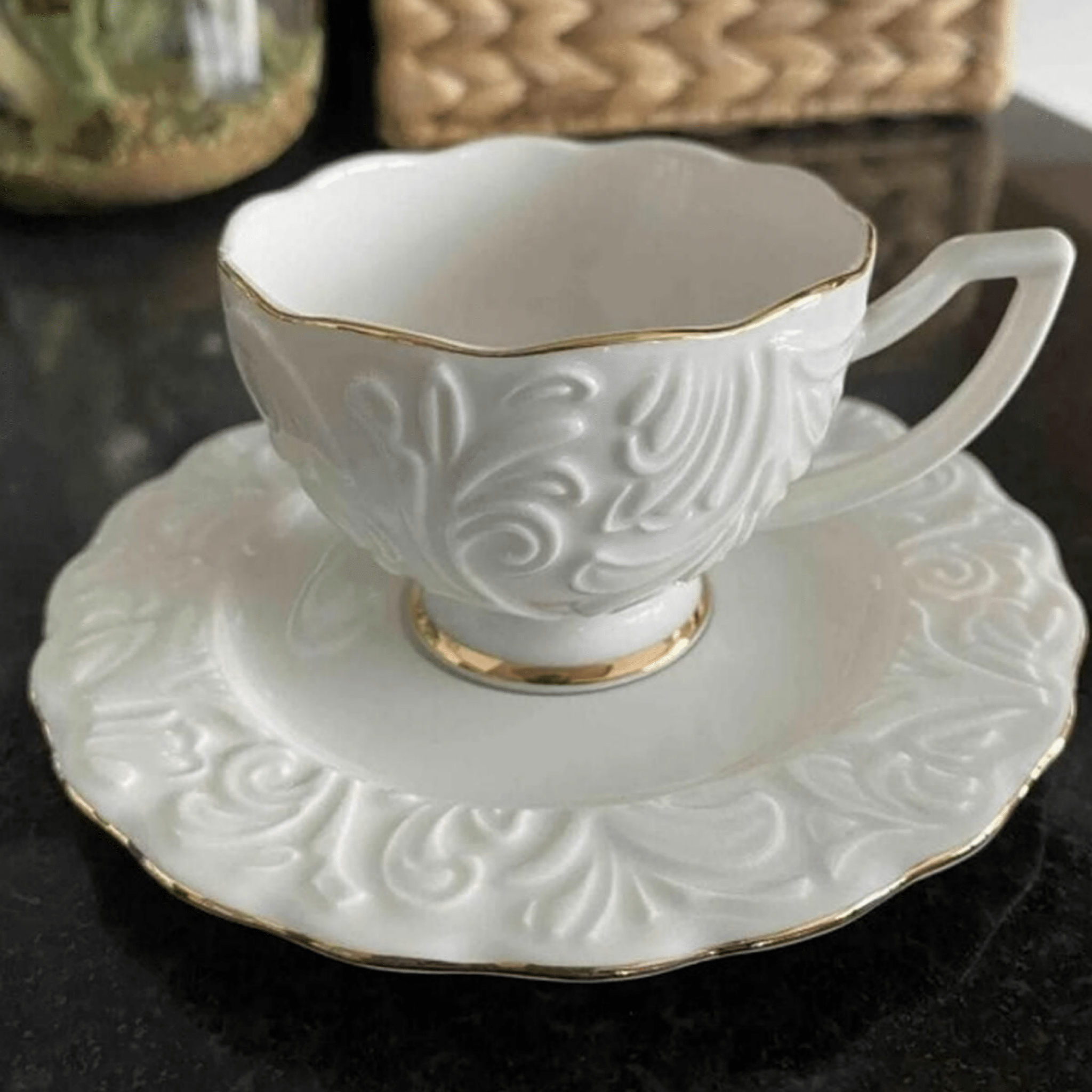 porselen kahve fincan takımı 6 kişilik Rose Kabartma Gold | Luxury Turkish Tea Set - Kahve Fincanı | DUKKANI ISTANBUL