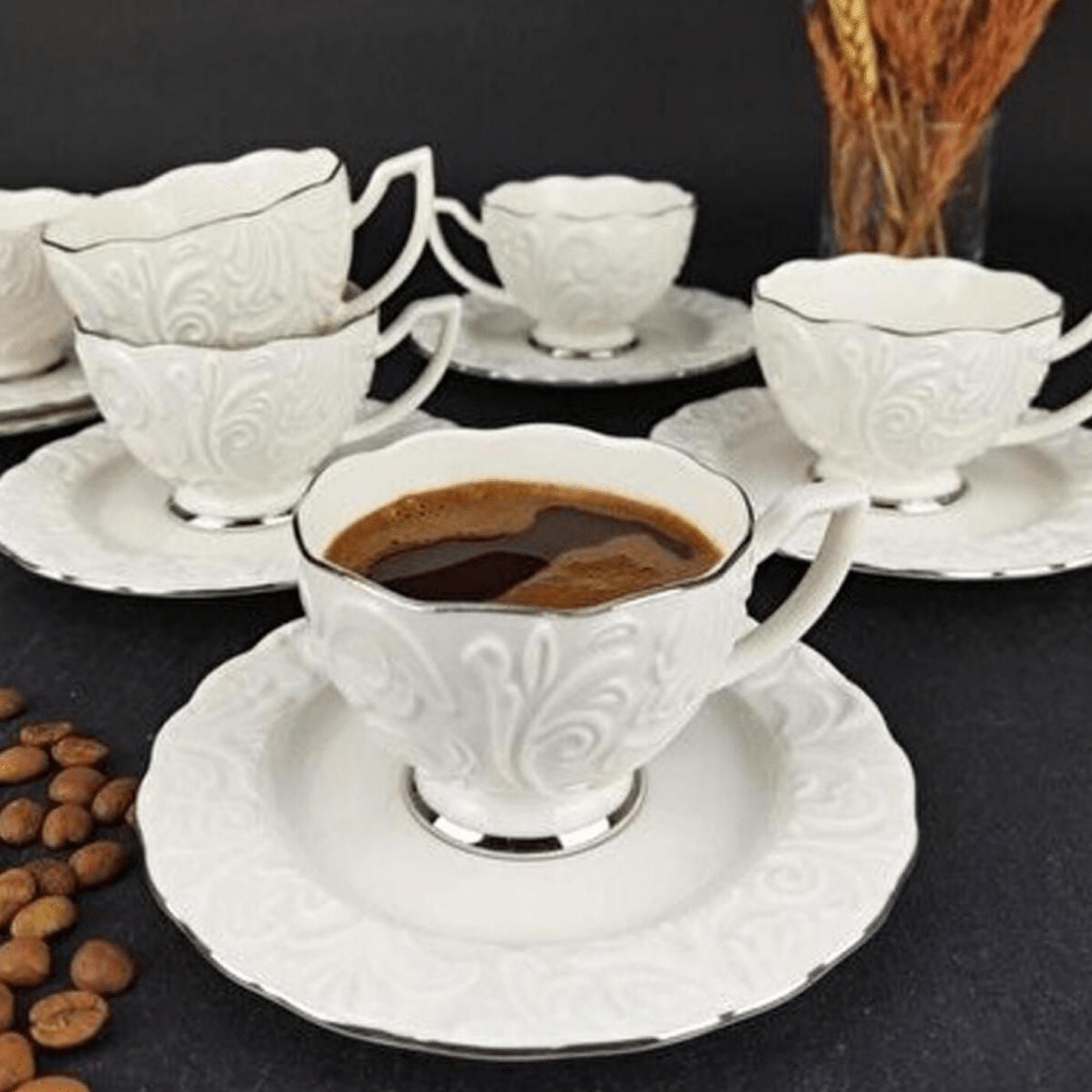 Porselen Kahve Fincan Takımı 6 kişilik Rosen Gümüş | Luxury Turkish Tea Set - Kahve Fincanı | DUKKANI ISTANBUL