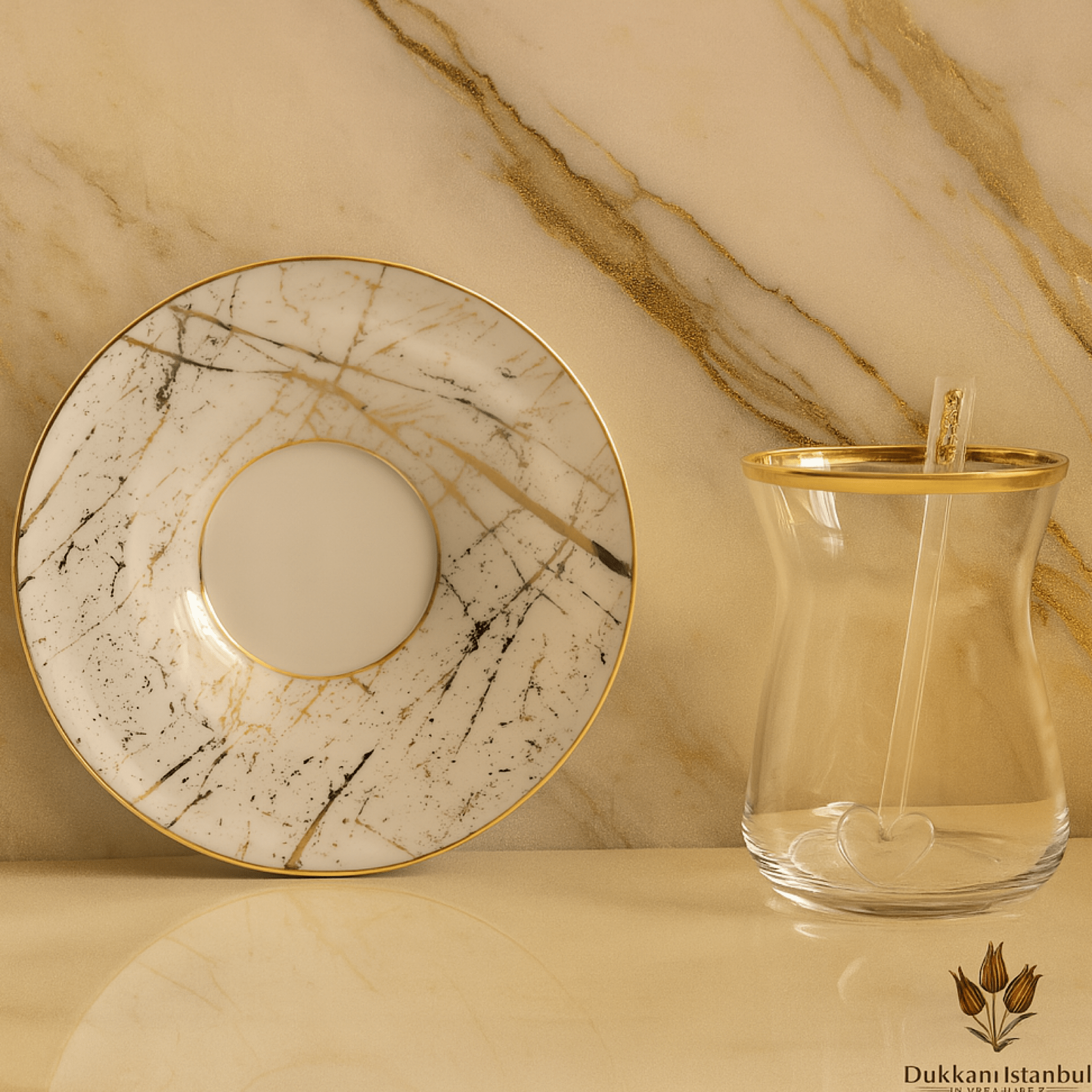 Porselen tabaklı Çay Takımı 6 Kişilik Mermer Beyaz | Luxury Turkish Tea Set - Bardak | DUKKANI ISTANBUL