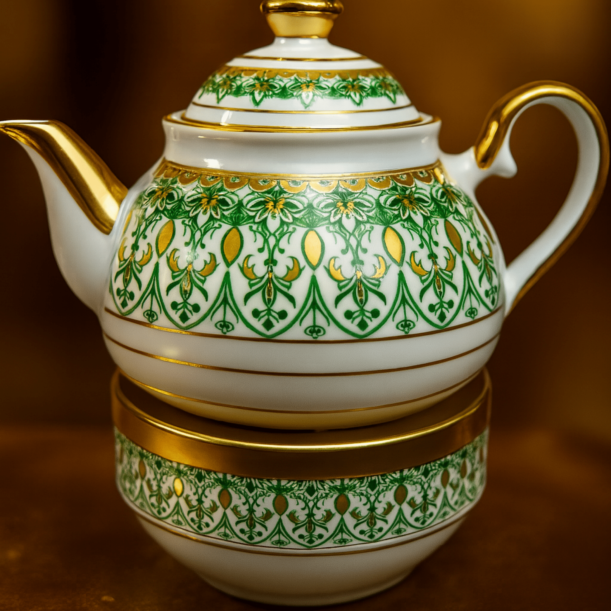 Porselen Yaldızlı Demlik ve Isıtıcı Yeşil Dantel | Luxury Turkish Tea Set - Çaydanlık | DUKKANI ISTANBUL