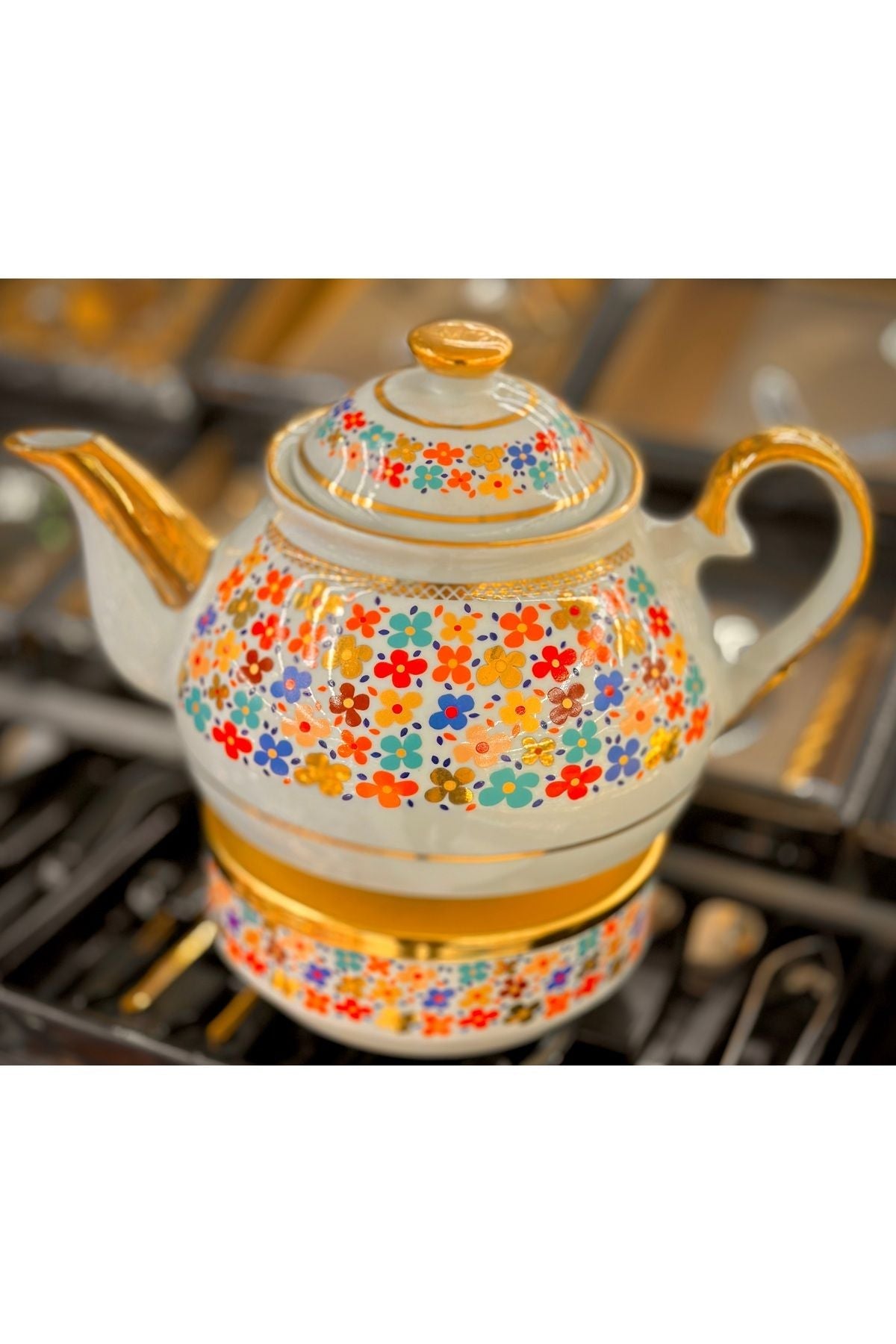 Royal Garden Serisi – Altın Yaldızlı Porselen Demlik & Isıtıcı Takımı | Luxury Turkish Tea Set - Demlik | DUKKANI ISTANBUL