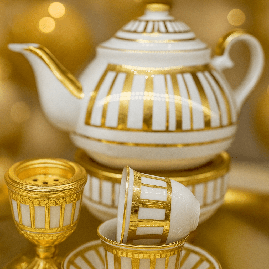 Sade Altın Yaldızlı El İşlemeli Tam Takım Çay ve Mırra Seti – 6 Kişilik | Luxury Turkish Tea Set - Kahvaltı Takımı | DUKKANI ISTANBUL