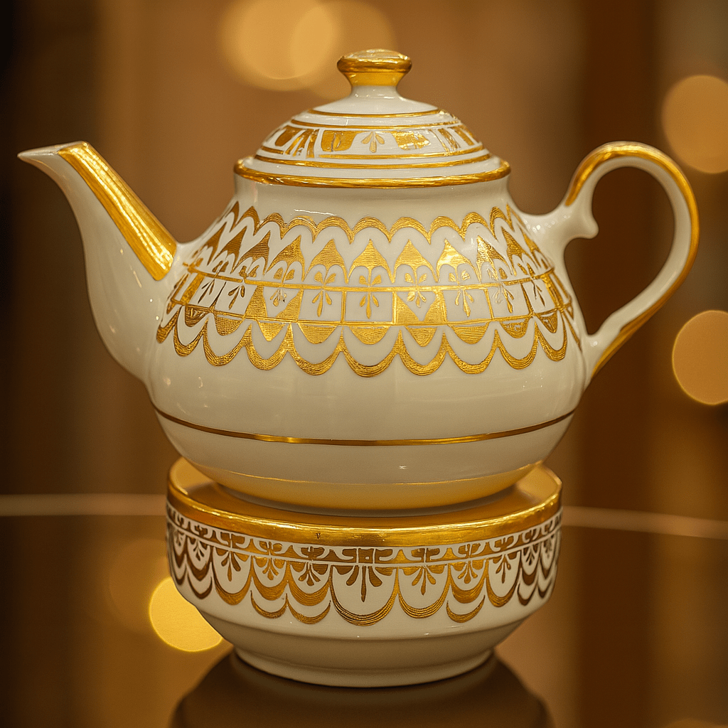 Saray Koleksiyonu – Mızrak Form Altın Yaldızlı Porselen Demlik & Isıtıcı Takımı | Luxury Turkish Tea Set - Demlik | DUKKANI ISTANBUL