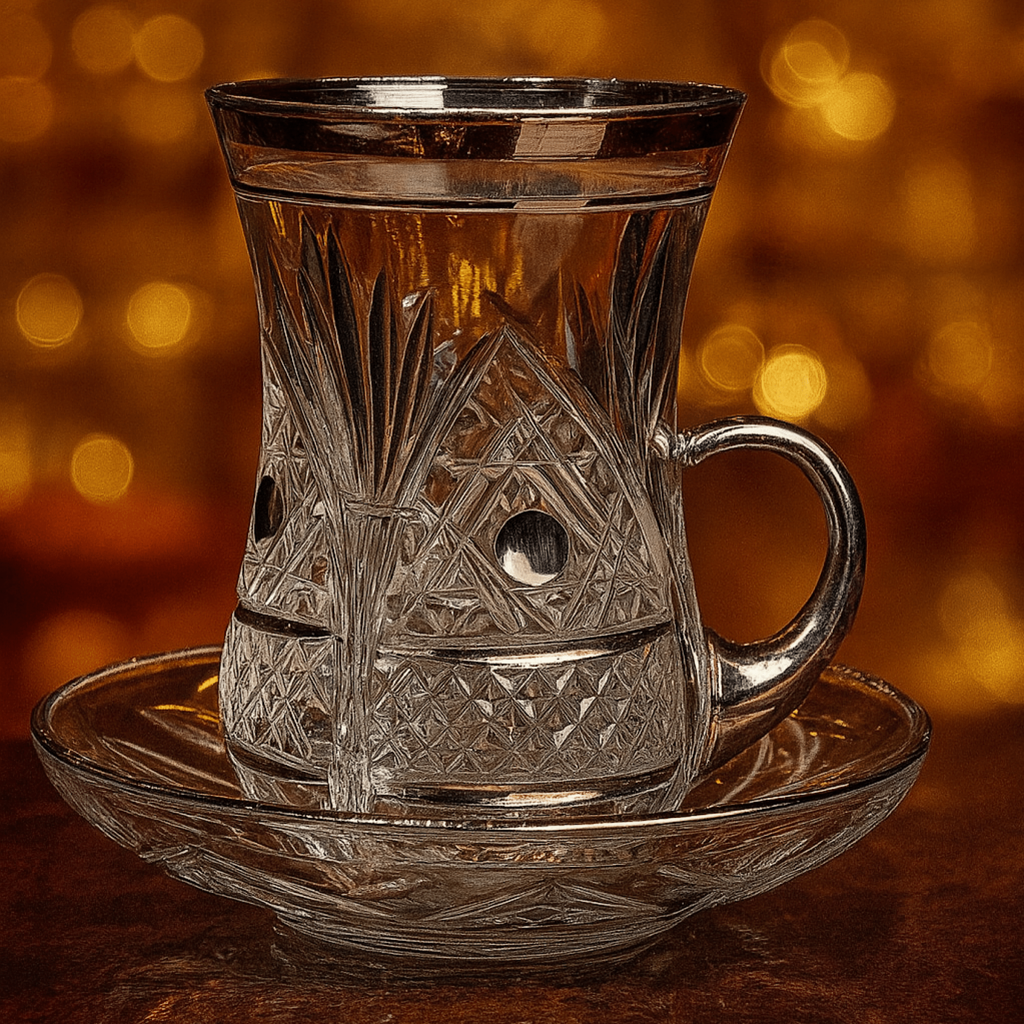 Silver Turkish Tea Glass Set Crystal With Handle | Luxury Turkish Tea Set - | DUKKANI ISTANBUL