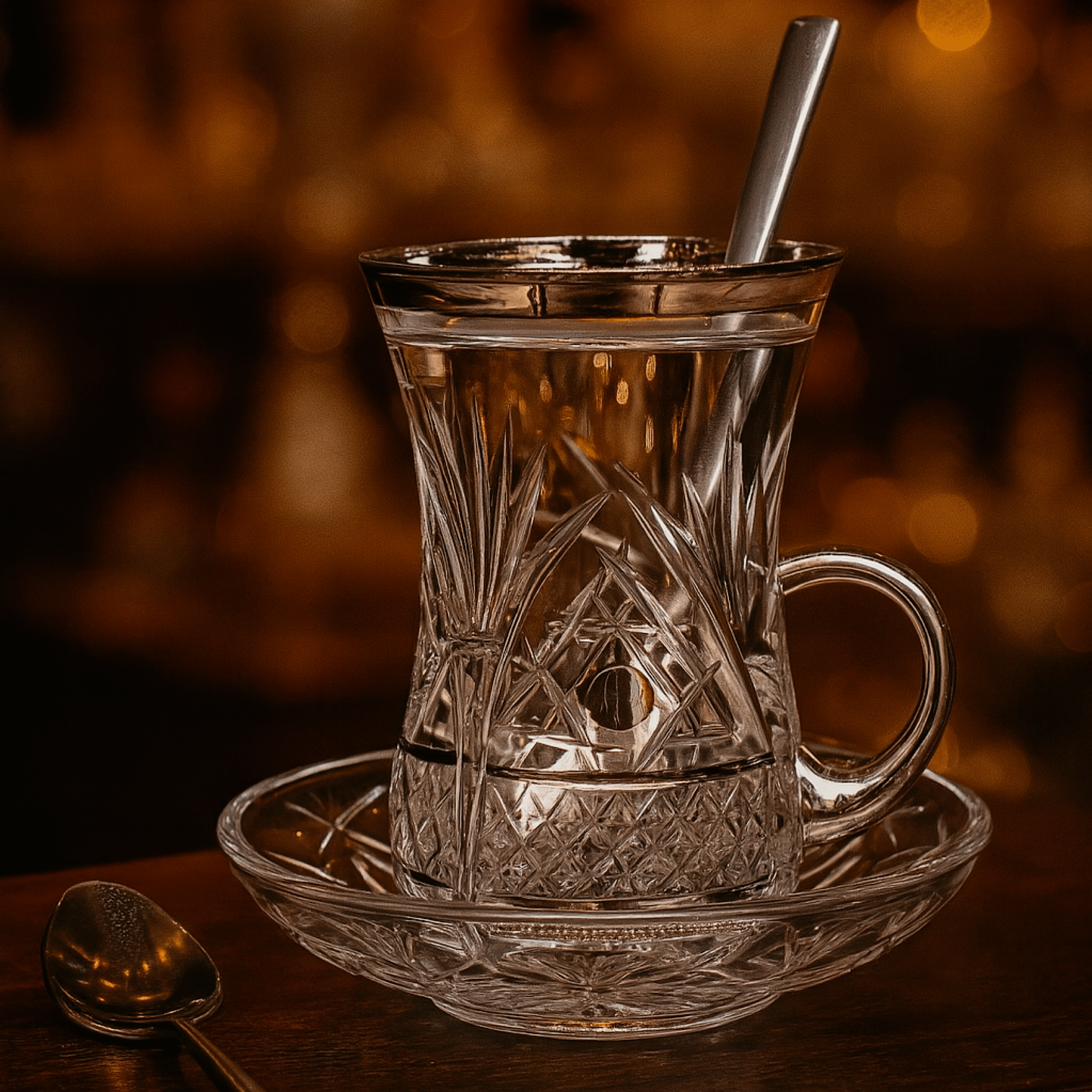 Silver Turkish Tea Glass Set Crystal With Handle | Luxury Turkish Tea Set - | DUKKANI ISTANBUL