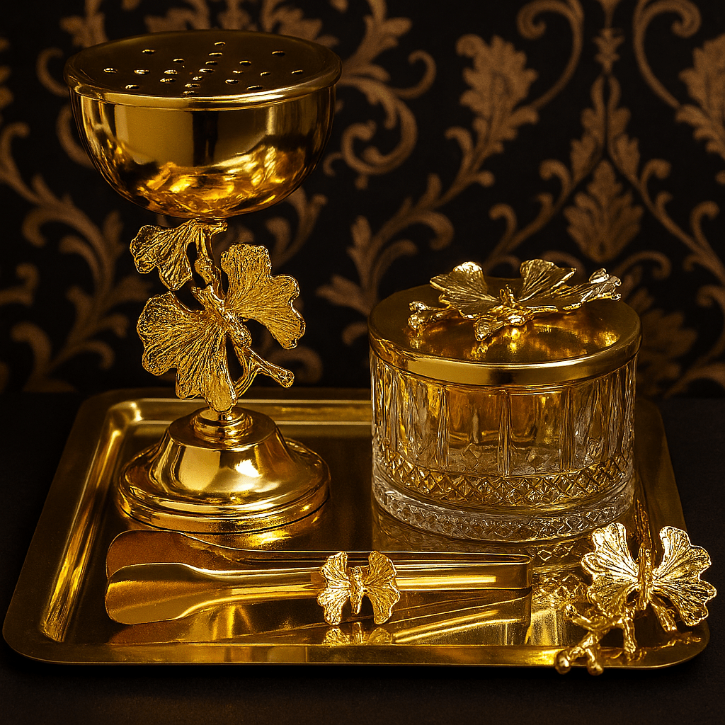 Tepsili Gold Kelebekli Buhurdanlık Takımı | Aromaterapi ve Dekoratif Hediye Seti | Luxury Turkish Tea Set - | DUKKANI ISTANBUL