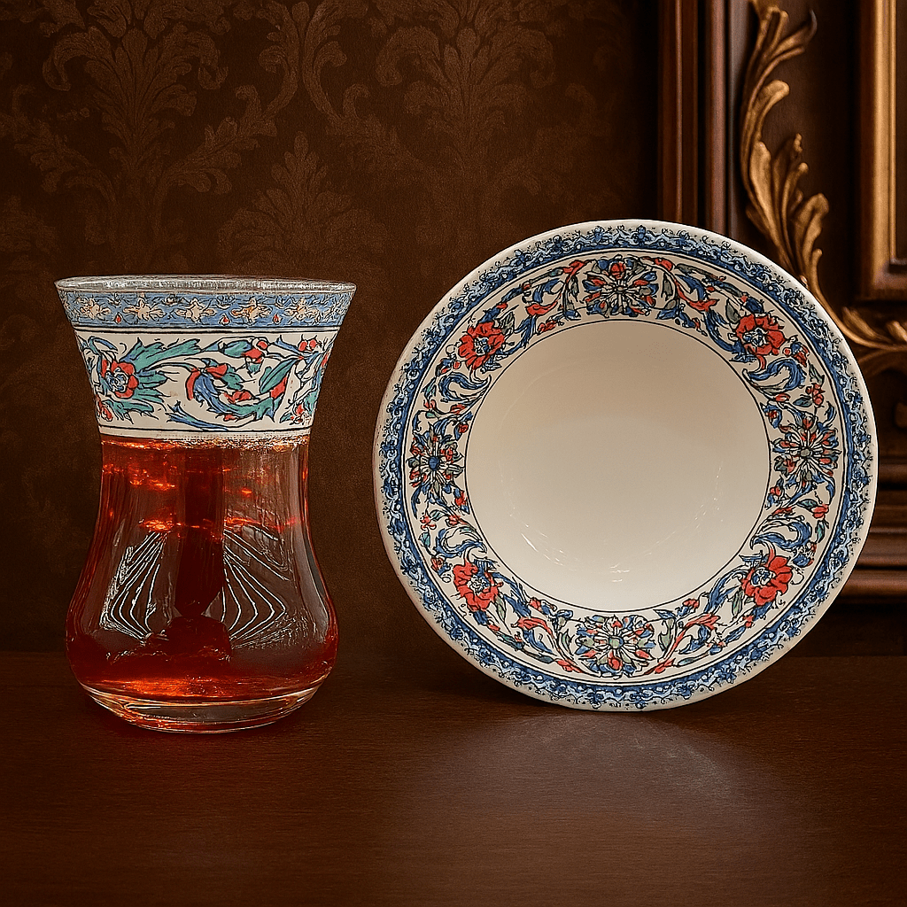 Topkapı Mavi Türk Çay Bardağı Seti – 6’lı | İznik Çinisi Motifli Lüks Tasarım | Luxury Turkish Tea Set - | DUKKANI ISTANBUL