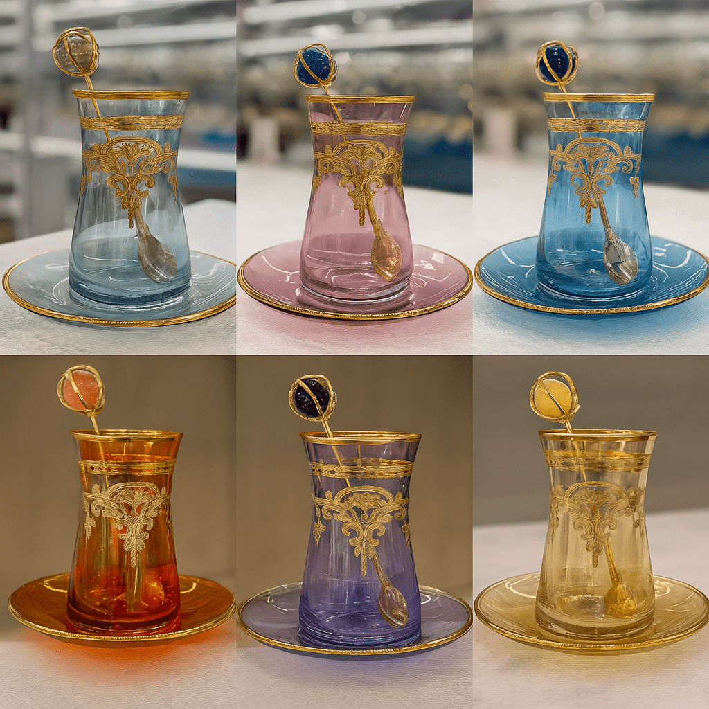 Türk Çay Seti – El Yapımı Pantograf Desen (6 Karışık Parça) | Luxury Turkish Tea Set - | DUKKANI ISTANBUL