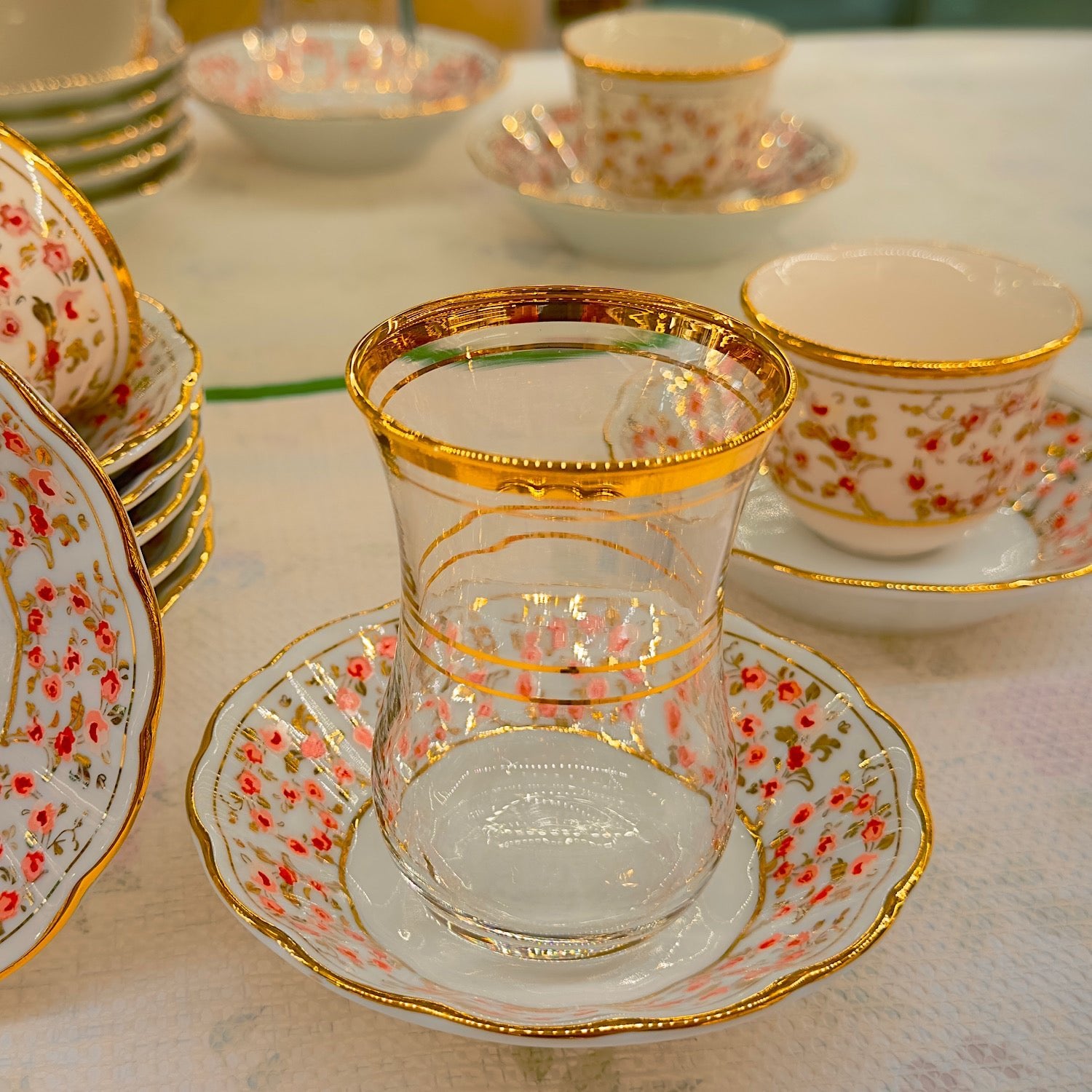 Turkish Jasmine Pink Çay & Kahve Seti – 6 Kişilik Zarif Lüks Tasarım | Luxury Turkish Tea Set - | DUKKANI ISTANBUL