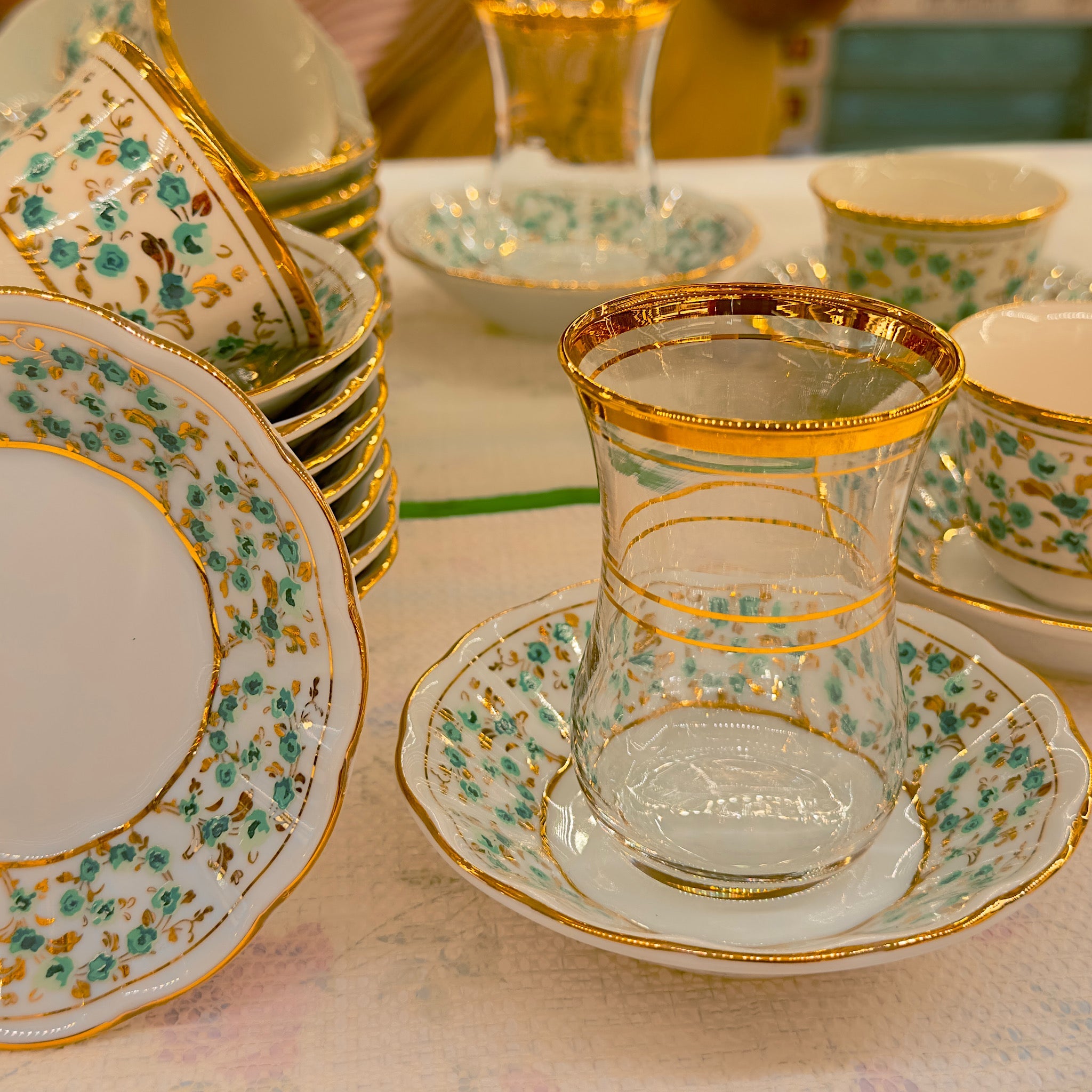 Turkish Turquoise Gold Çay & Kahve Seti – 6 Kişilik Lüks Osmanlı Tarzı | Luxury Turkish Tea Set - | DUKKANI ISTANBUL