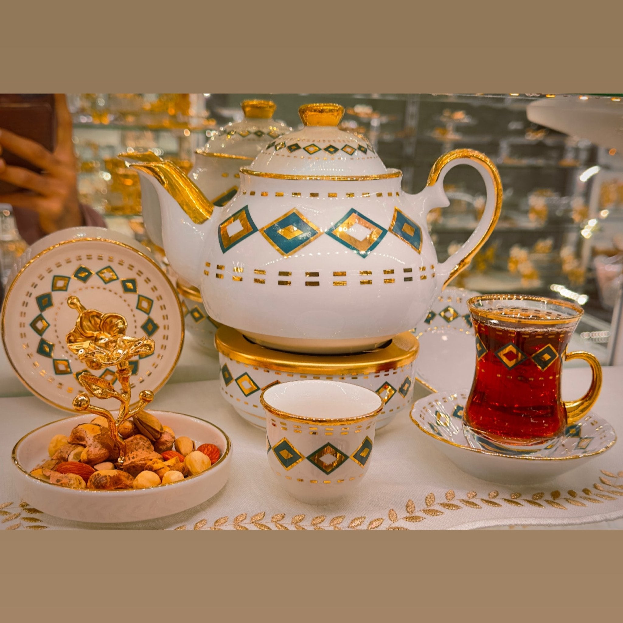 Turkuaz Baklava Çay, Mırra ve Demlikli Set | 6 Kişilik Osmanlı Tarzı Lüks Sunum Takımı | Turkish Tea & Coffee Set with Teapot | Luxury Turkish Tea Set - | DUKKANI ISTANBUL