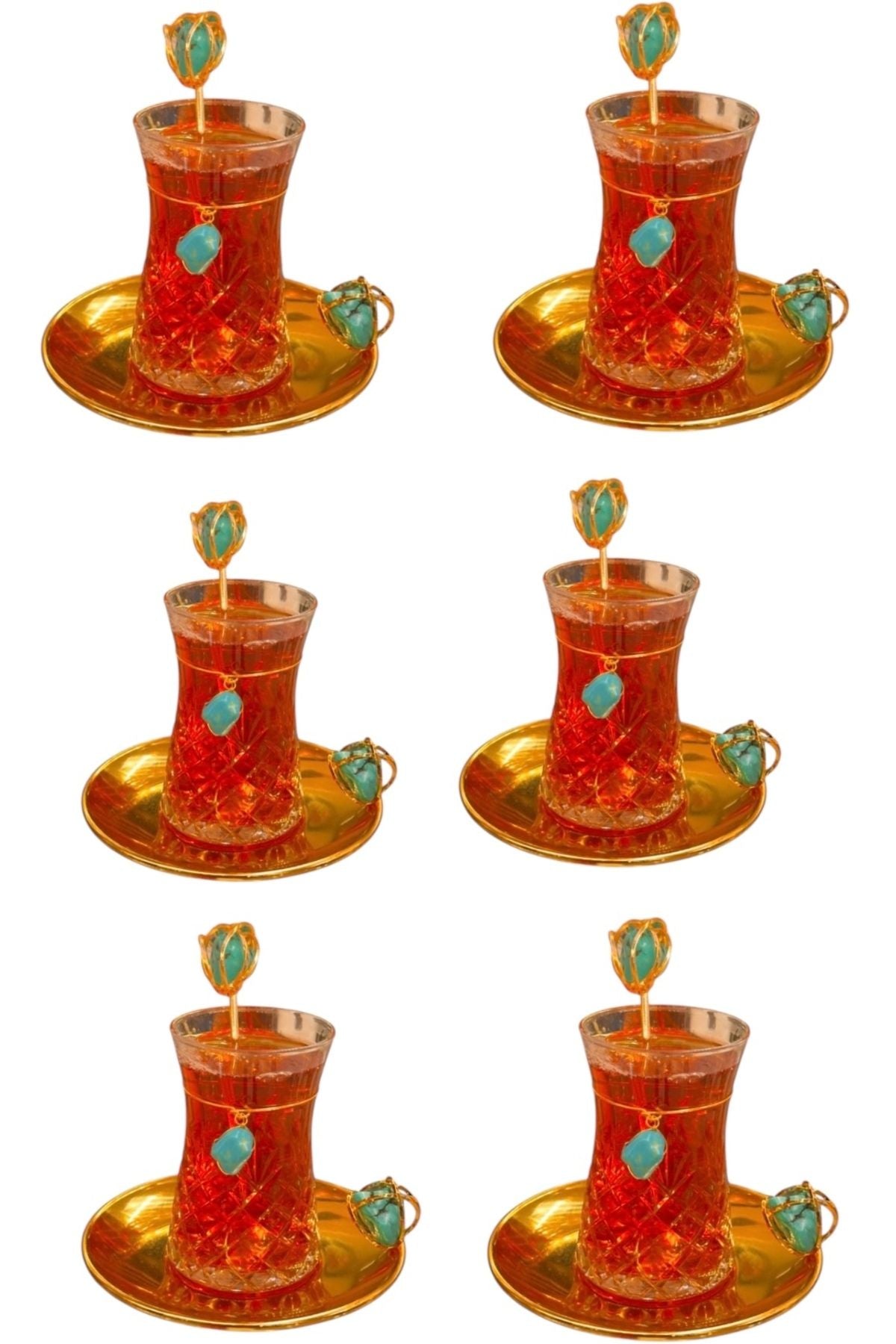 Turkuaz Doğaltaşlı 18 Parça Altın Renk Çay Seti – 6 Kişilik Lüks Sunum Takımı | Luxury Turkish Tea Set - Bardak | DUKKANI ISTANBUL