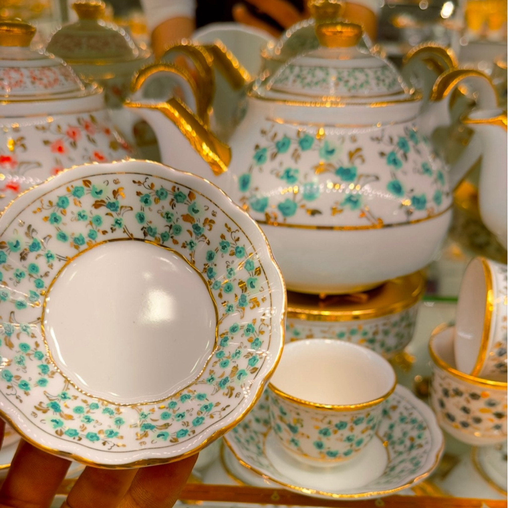 Turkuaz Mineli Osmanlı Tarzı Lüks Çay & Mırra Seti – Demlikli 18 Parça | Luxury Turkish Tea Set - | DUKKANI ISTANBUL