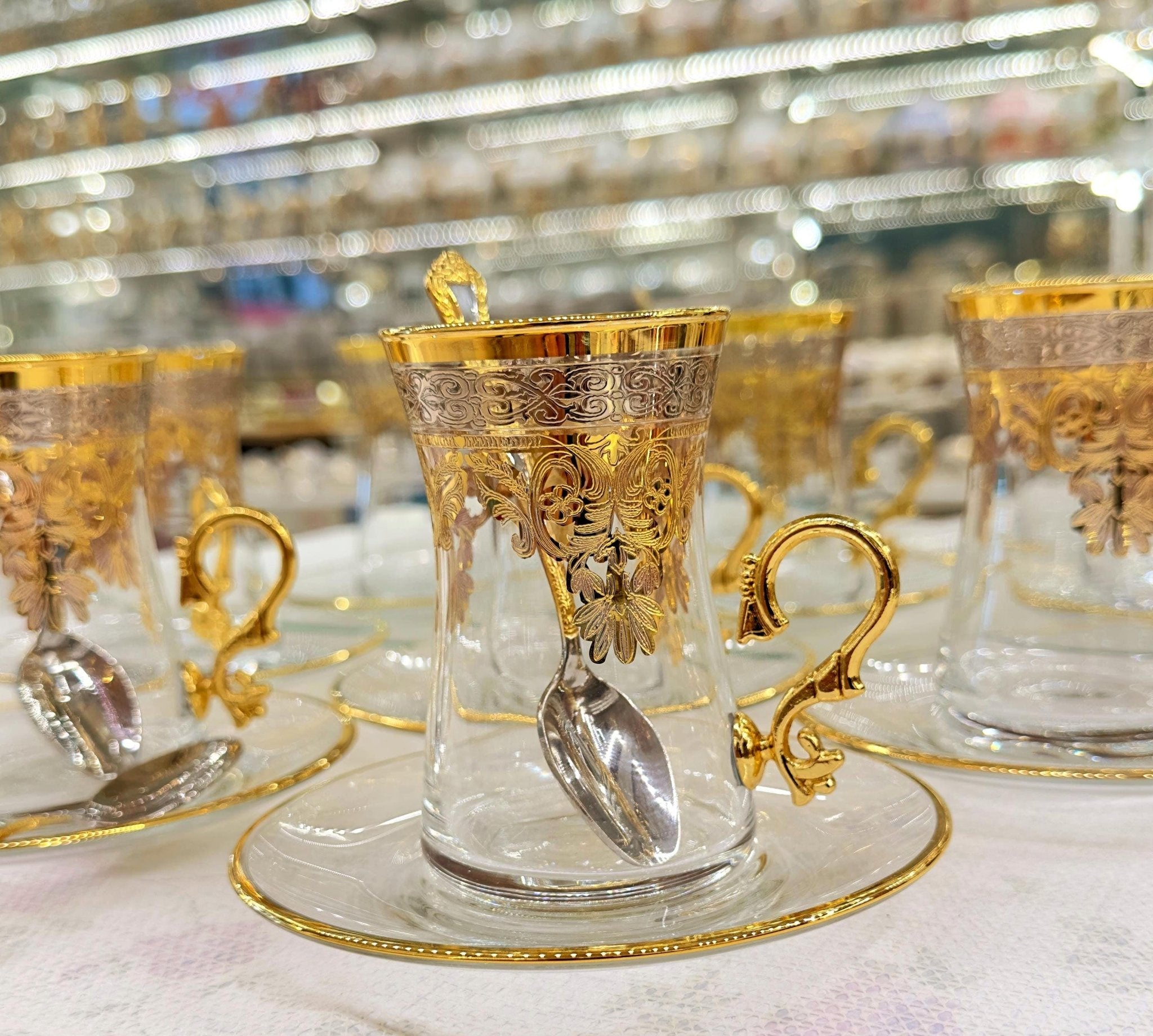 Victoria Serisi 6’lı El İşçiliği Pantograf İşlemeli Kulplu Türk Çay Seti | Luxury Turkish Tea Set - | DUKKANI ISTANBUL
