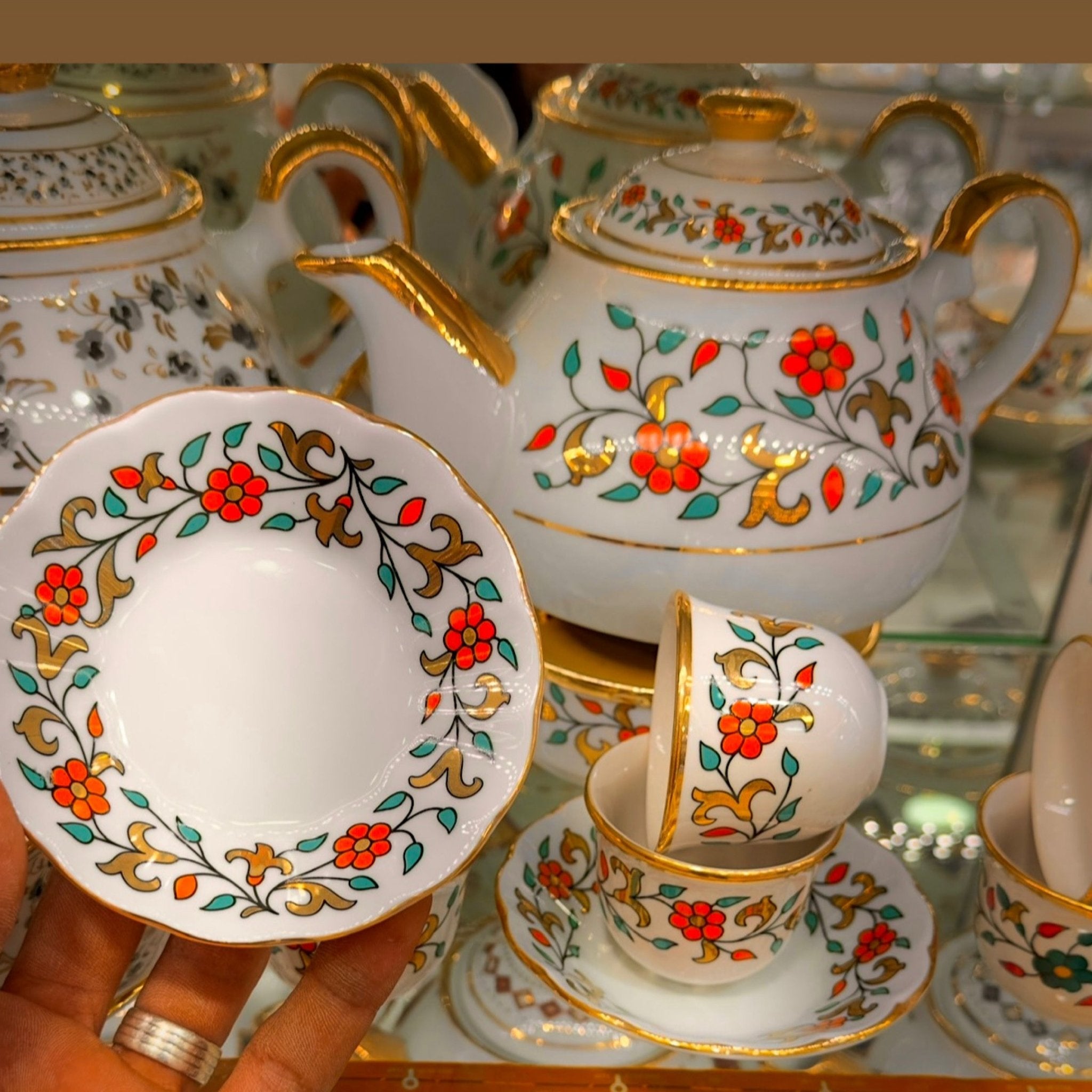 Yasmin Turuncu çiçek Desenli Çay, Mırra ve Demlikli Set | 6 Kişilik El Yapımı Osmanlı Tarzı Lüks Sunum Takımı | Luxury Turkish Tea Set - | DUKKANI ISTANBUL