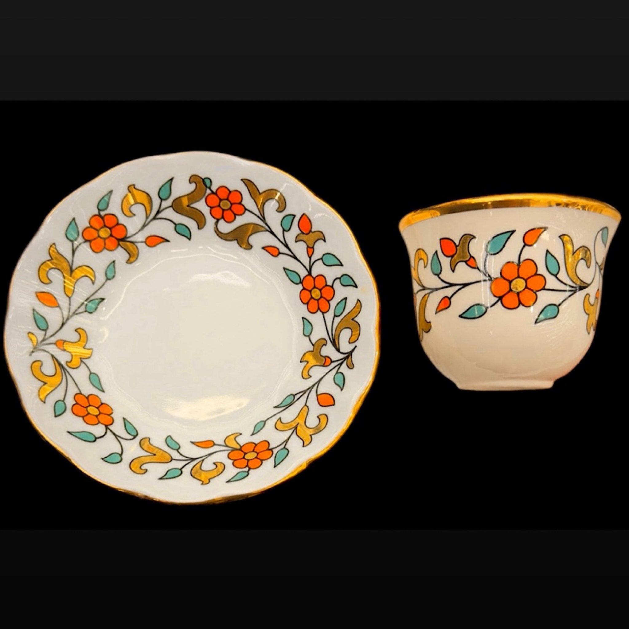 Yasmin Turuncu çiçek Desenli Çay, Mırra ve Demlikli Set | 6 Kişilik El Yapımı Osmanlı Tarzı Lüks Sunum Takımı | Luxury Turkish Tea Set - | DUKKANI ISTANBUL