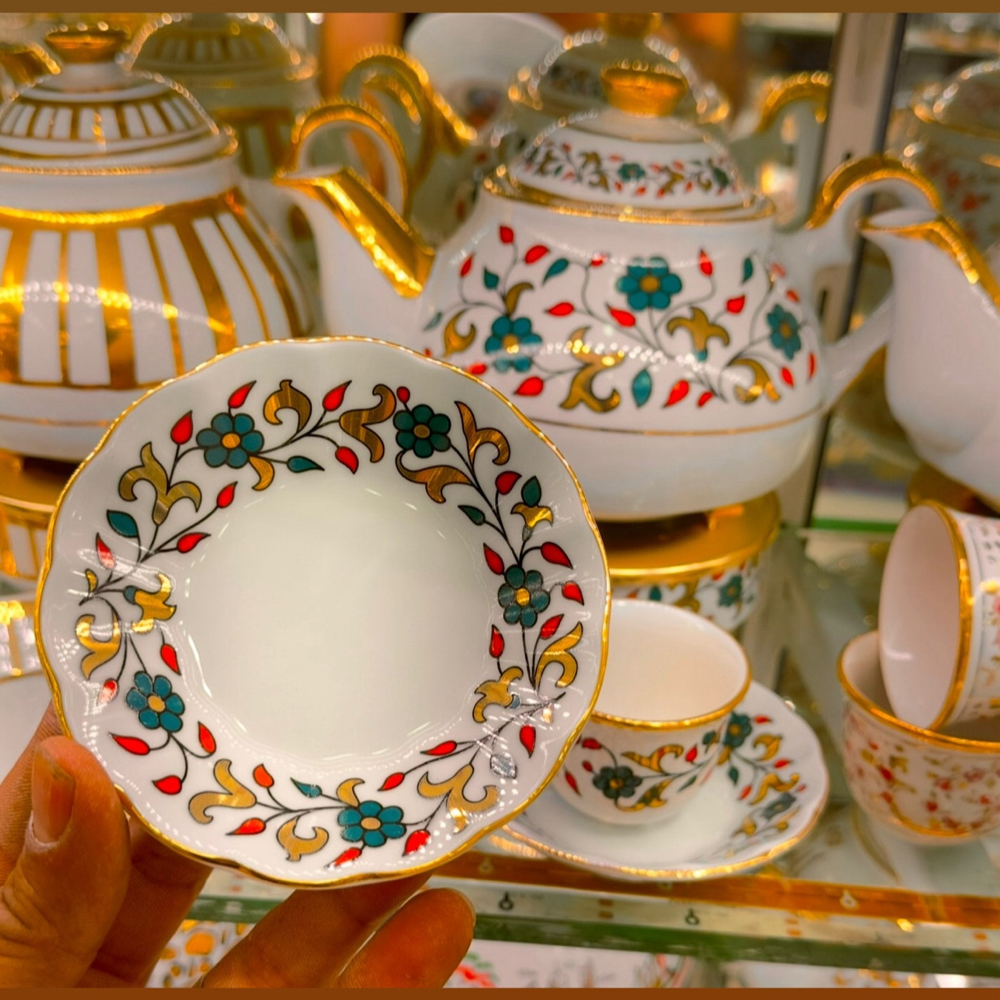 Yasmin Yeşil çiçek Desenli Çay, Mırra ve Demlikli Set | 6 Kişilik El Yapımı Lüks Osmanlı Sunum Takımı | Luxury Turkish Tea Set - | DUKKANI ISTANBUL