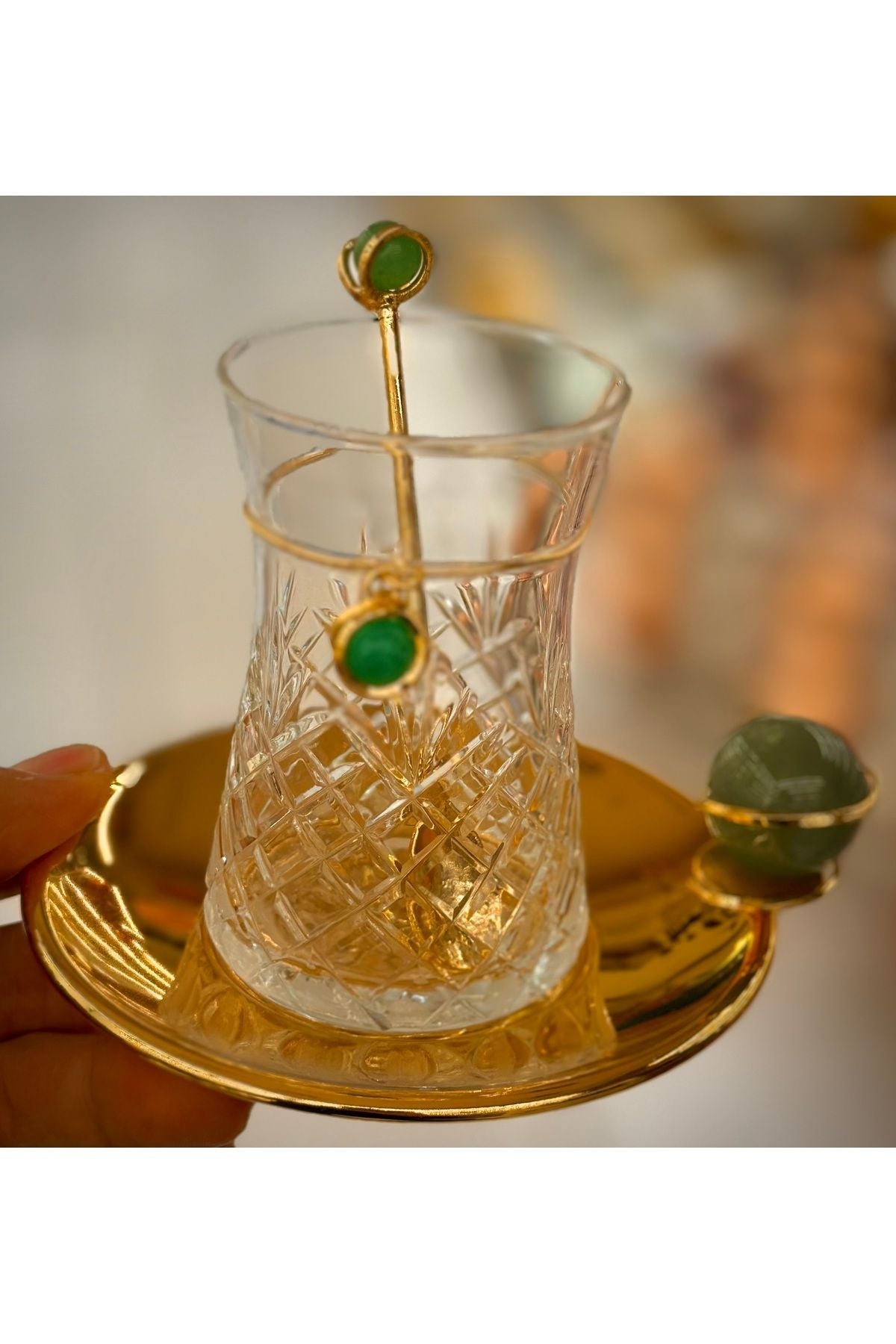 Yeşil Doğaltaşlı 18 Parça Altın Renk Bakır Çay Seti – 6 Kişilik | Luxury Turkish Tea Set - Bardak | DUKKANI ISTANBUL