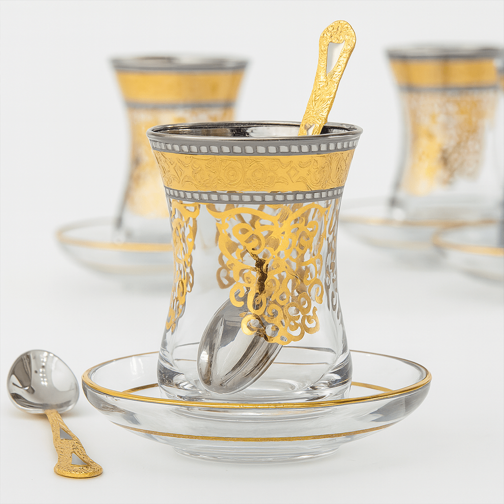 Zarafetin Buluştuğu Set: 6 Kişilik Altın ve Gümüş İşlemeli Türk Çay Takımı | Luxury Turkish Tea Set - | DUKKANI ISTANBUL